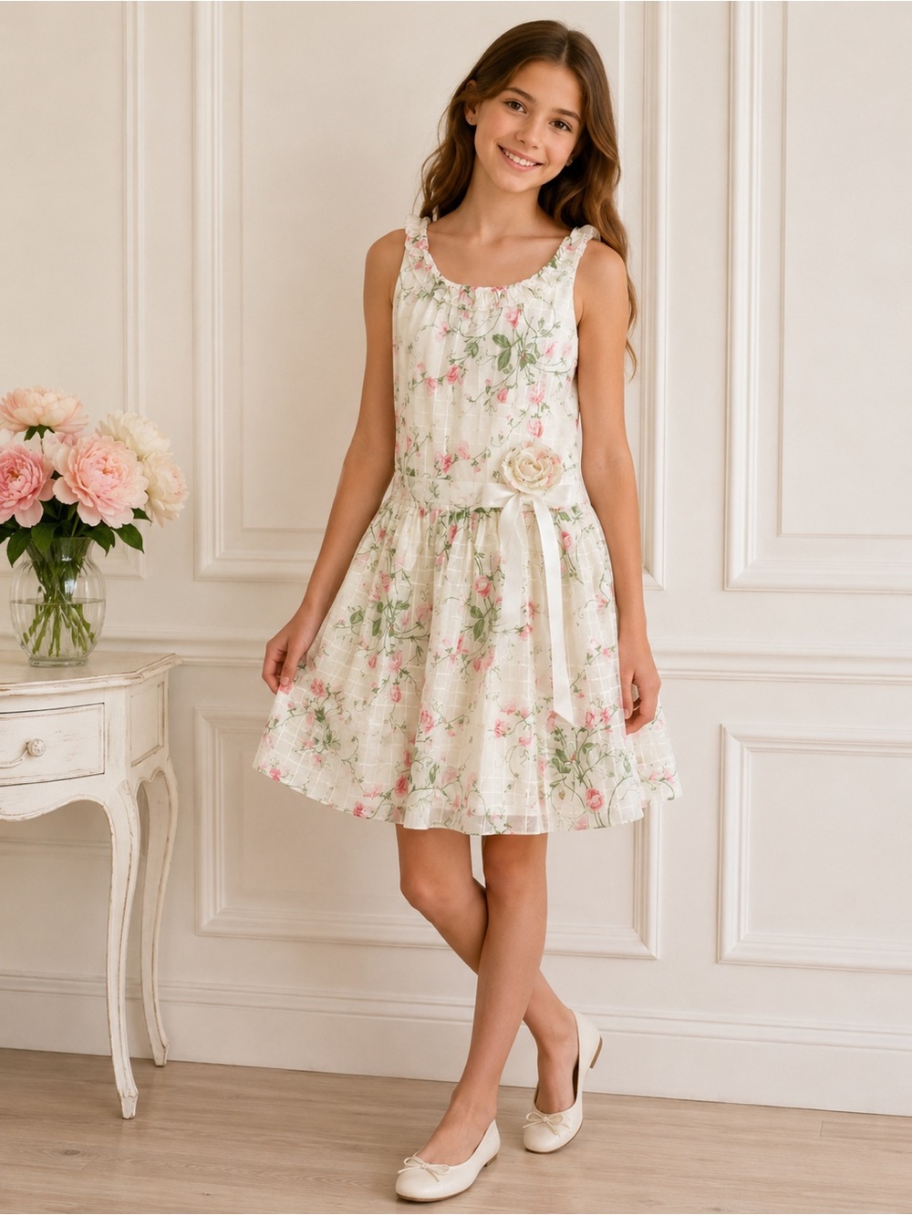 Ralph Lauren Cream Floral Sundress with Pink Roses girls sz12